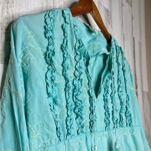 Sandy Starkman Vintage Women's Long Sleeve Floral Embroidered Top Blue Size XL - Picture 2 of 15